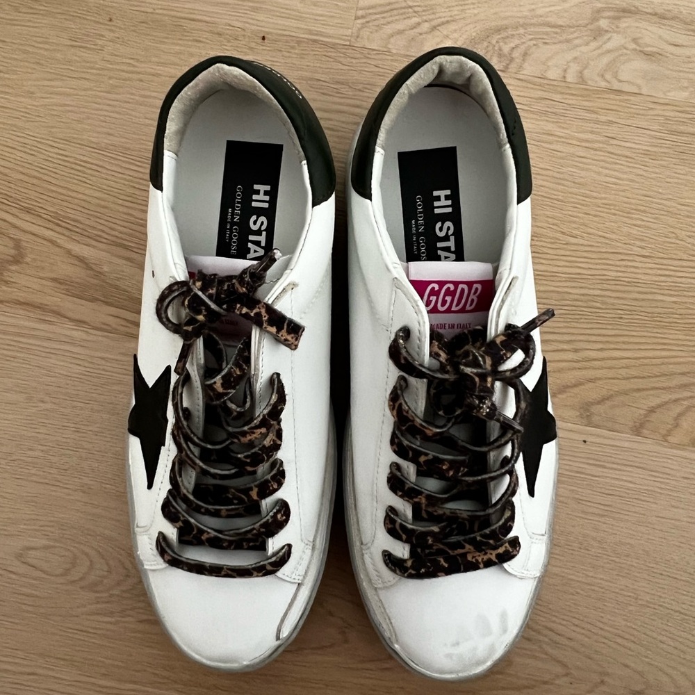 Golden Goose White Sneakers with Black Star and Leopard Laces - NEVER WORN